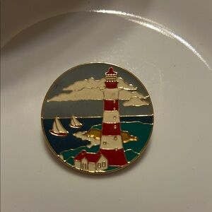 Lighthouse Enamel Brooch with Red and Blue Accents